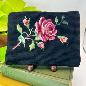 Vintage Needlepoint Rose Clutch Black Floral Handmade  Zipper Purse Heirloom